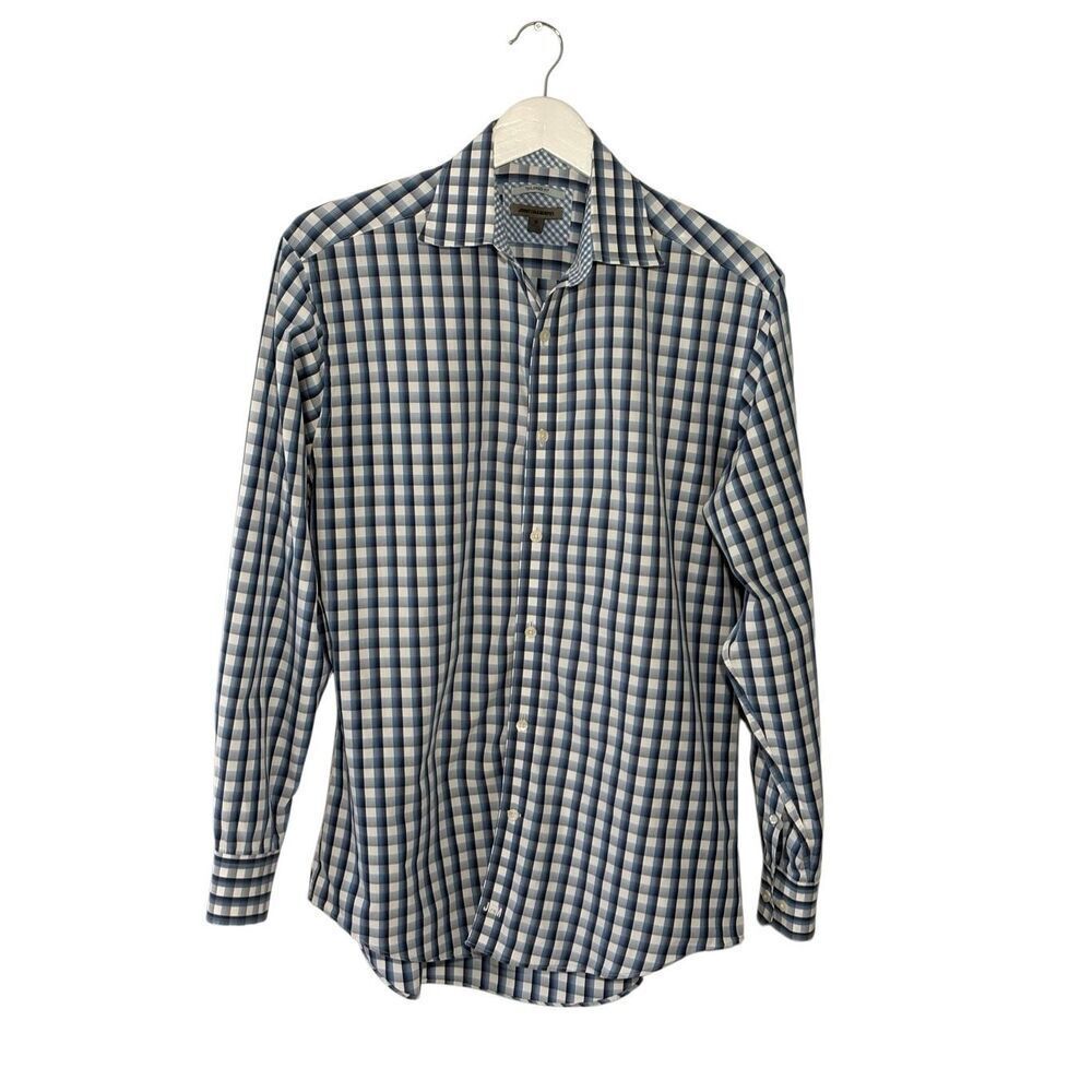 Johnston & Murphy Tailored Fit blue and white checked cotton long sleeve shirt -